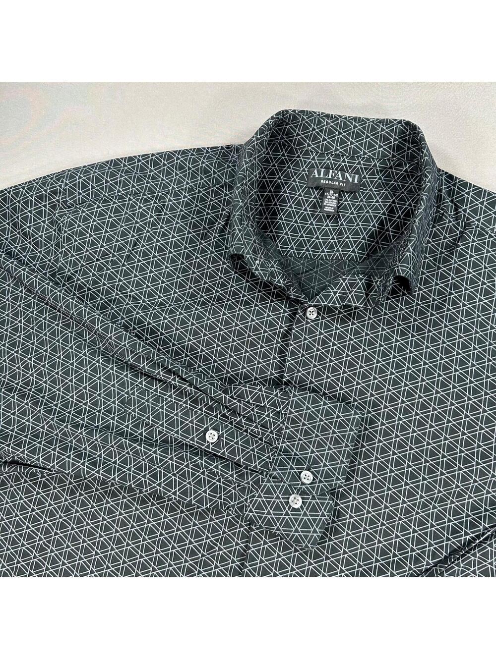 Alfani Men's XL Regular Fit Alfatech Geometric Dress Shirt Black 17-17.5 34-35
